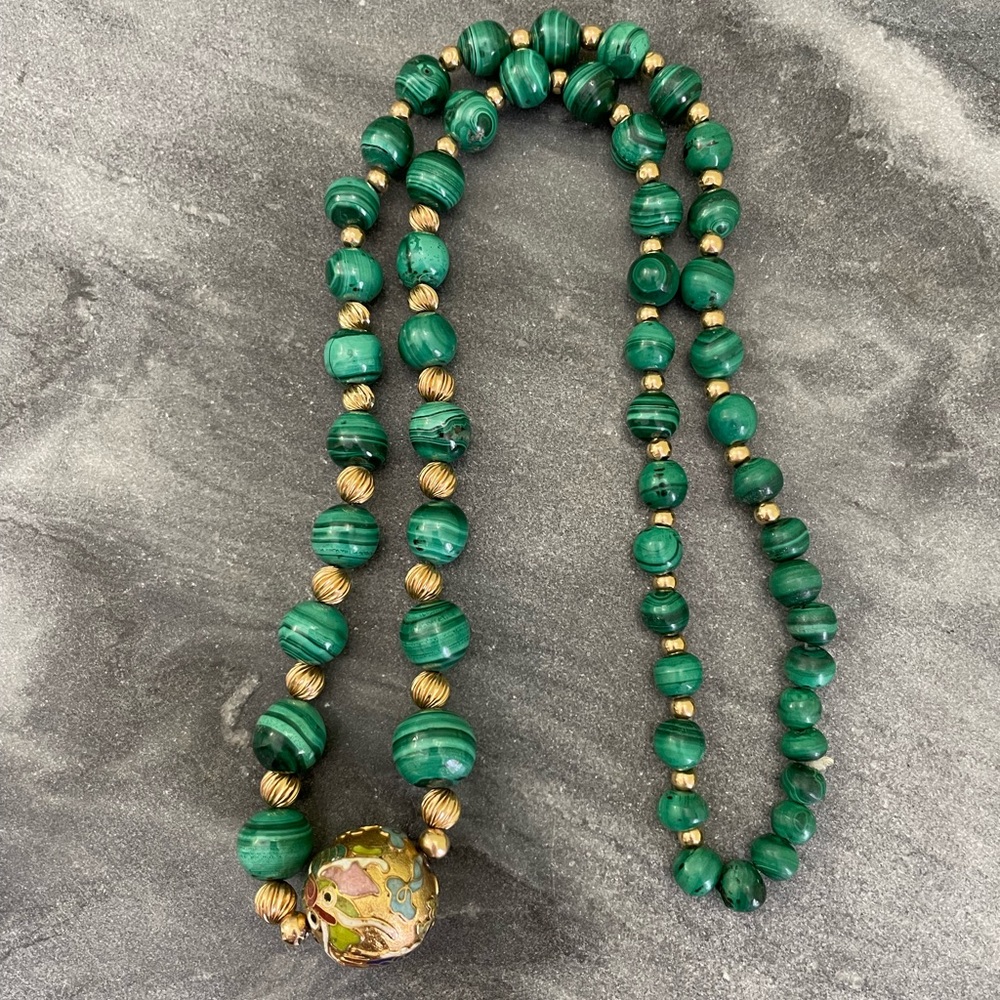 Vintage Malachite Gemstone Cloisonné Dragon Necklace - Picture 5 of 14
